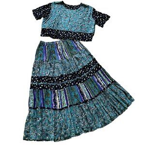 Patchwork Print Maxi Skirt 2pc Set with Top Crinkle Fabric Casual Studio